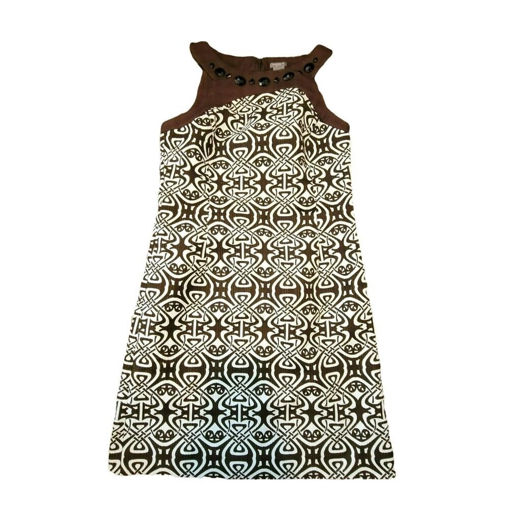 Ann Taylor Dress Brown White Sleeveless A-Line Beaded Neck Size 4 Petite JJ1531